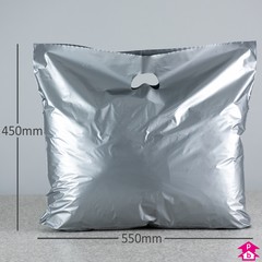 Silver Carrier Bag - Large - 550mm wide x 450mm high x 35 micron thickness, 75mm bottom gusset