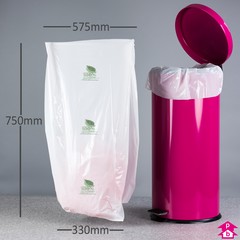 White Biodegradable Swing Bin Liner (330mm opening to 575mm wide x 750mm long, 25 micron thickness. (Approx 42-45 litres))