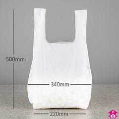 White Compostable Vest Carrier - On the Roll - 220mm/340mm wide x 500mm length, 12 micron thickness (200 bags on a roll)