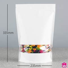 White Paper Stand-Up Pouch with Window (2.8 - 3.3 litre) - 235mm wide x 335mm high, with 110mm bottom gusset. 2800-3300ml volume.