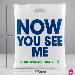 Biodegradable Carrier Bag (with 'Soon you won't see me' design) - 375mm wide x 450mm high x 47.5 micron thickness, with 75mm bottom gusset