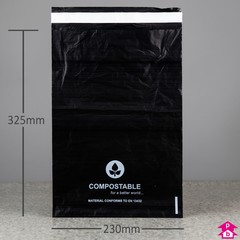 Black Compostable Mailing Bag - C4 - 230mm wide x 325mm long, 50 micron thickness. (C4 for A4)
