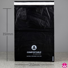 Black Compostable Mailing Bag - C4+ - 250mm wide x 350mm long, 50 micron thickness. (C4+ for A4+)