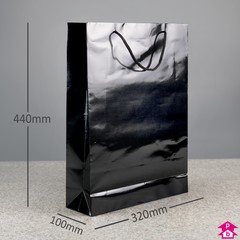Black Gift Carrier Bag - Large (Glossy) - 320mm wide x 100mm gusset x 440mm high, 150gsm