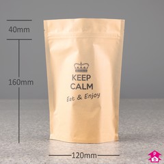 Brown Biopaper Stand-Up Pouch - Printed 'Keep Calm' - 120mm wide x 200mm high, with 80mm bottom gusset. 325-360ml volume.