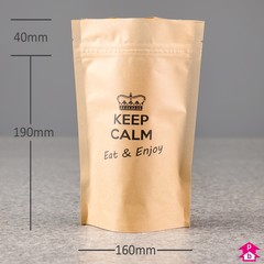 Brown Biopaper Stand-Up Pouch - Printed 'Keep Calm' - 160mm wide x 230mm high, with 90mm bottom gusset. 700-900ml volume.