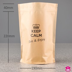 Brown Biopaper Stand-Up Pouch - Printed 'Keep Calm' - 190mm wide x 260mm high, with 100mm bottom gusset. 1300-1400ml volume.