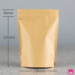 Brown Biopaper Stand-Up Pouch - 190mm wide x 260mm high, with 100mm bottom gusset. 1300-1400ml volume.