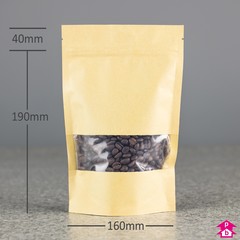 Brown Recycled Stand-Up Pouch with Window - 160mm wide x 230mm high, with 90mm bottom gusset. 700-900ml volume.