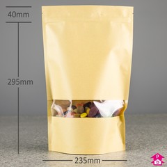 Brown Recycled Stand-Up Pouch with Window - 235mm wide x 335mm high, with 110mm bottom gusset. 2800-3300ml volume.