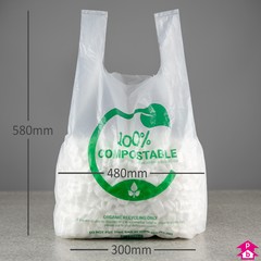 Clear Compostable Vest Carrier - Maxi - 300mm/480mm wide x 580mm length, 30 micron thickness