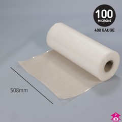 Clear Polythene Layflat Tubing (30% Recycled) - 20" (508mm) wide x 192 metres long, 400 gauge thickness. (18 Kg per roll)