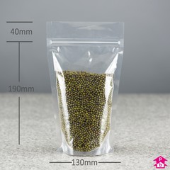 Clear Stand-Up Pouch - 130mm wide x 230mm high, with 80mm bottom gusset. Approx 500ml volume.