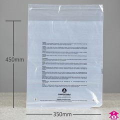 Compostable Peel and Seal Garment Bag - Perforated + PWN - Sweater - 350mm wide x 450mm long, 18 micron thickness (Sweater size)