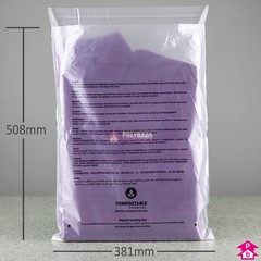 Compostable Peel and Seal Safety Bag - Perforated + PWN - Large - 381mm wide x 508mm long, 40 micron thickness (Large)