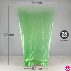 Green Tinted Waste Bag - 100%-Recycled (On Rolls) - 450mm opening to 725mm wide x 975mm long, 25 micron thickness. (Approx 90 Litres)
