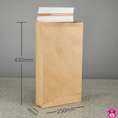 Paper Mailing Bag with Gusset and Double Sealing Strip - Large - 250mm wide with 80mm gusset x 430mm long, 130 gsm