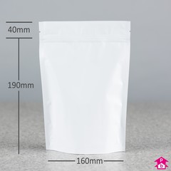 Viva White Stand-Up Pouch - 160mm wide x 230mm high, with 90mm bottom gusset. 700-900ml volume.