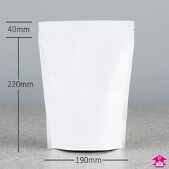 Viva White Stand-Up Pouch - 190mm wide x 260mm high, with 100mm bottom gusset. 1300-1400ml volume.