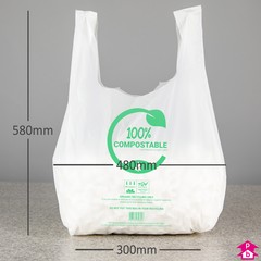 White Compostable Vest Carrier - Large - 300mm/480mm wide x 580mm length, 19 micron thickness