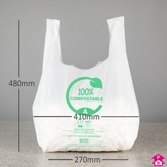 White Compostable Vest Carrier - Medium - 270mm/410mm wide x 480mm length, 17 micron thickness