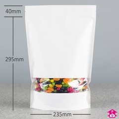 White Paper Stand-Up Pouch with Window - 235mm wide x 335mm high, with 110mm bottom gusset. 2800-3300ml volume.