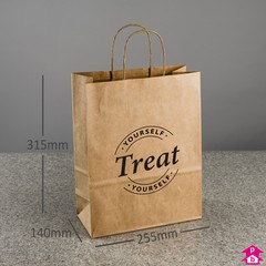 Brown Paper Carrier Bag with 'Treat Yourself' Design (255mm wide x 140mm gusset x 315mm high, 75gsm)