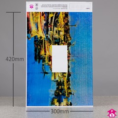 Mailing Bag with 2-side Paintings - Boats/Eiffel Tower - 300mm wide x 420mm long + adhesive lip (Large)  50 microns